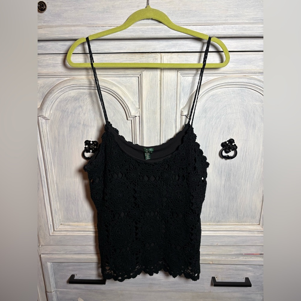 Y2K Lauren Ralph Lauren Black Crochet Hand Knit Tank Top Doily‎ Grandma Festival